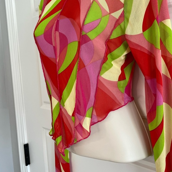 Y2K Pucci Inspired Sheer Mesh Vibrant Psychedelic Print Top Shirt Crop Size M - Picture 6 of 14